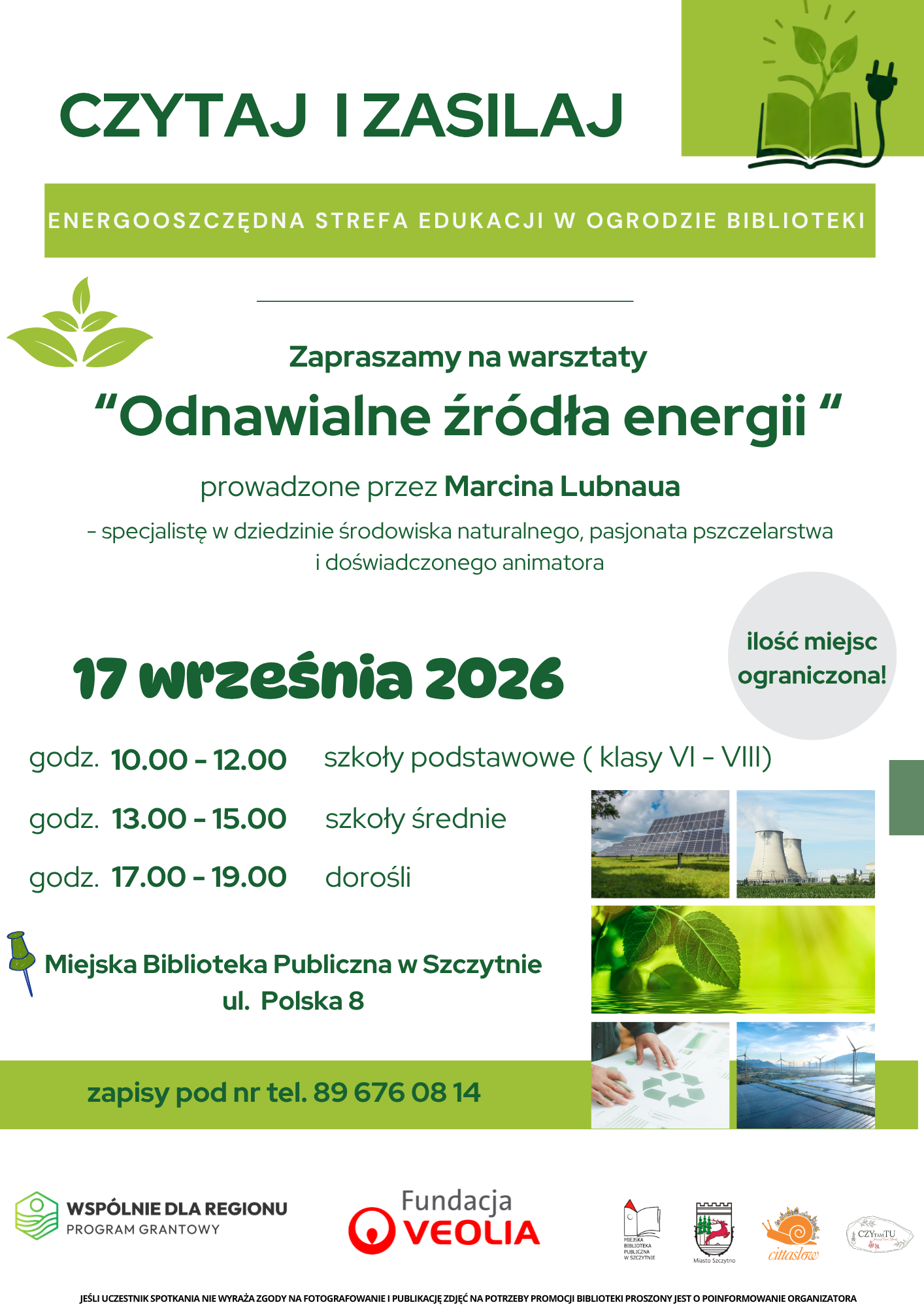 Plakat na warsztaty "Odnawialne źródła energii" prowadzone przez Marcina Lubnaua, które odbędą się 17.09.2026 r. 